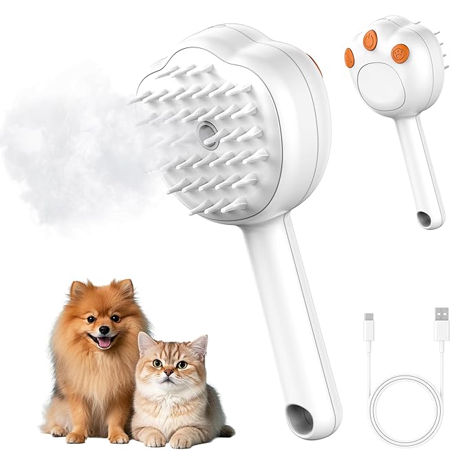 Steam Cat Brush, 6-in-1 Dog Brush Spritz Defur Comb, Steamy Skin Friendly Deshedding Grooming Tool, Suitable for Shedding &amp; Haired Pets, Pet Supplies Accessories,White
