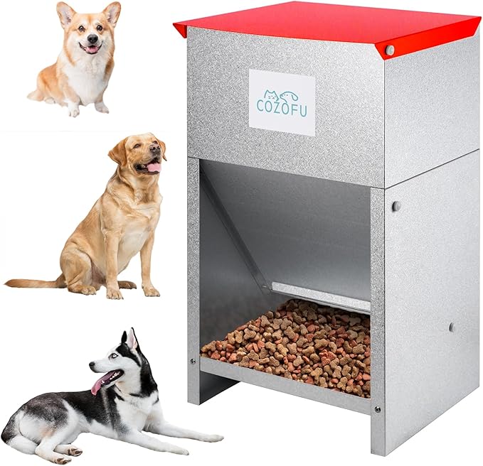 Dog Feeder - Galvanized Metal Pet Food Station for Indoor &amp; Outdoor Use - Automatic Gravity-Fed Dispenser Suitable for Small, Medium, and Large Dog Breeds - Capacity: 25 Pounds of Dry Kibble