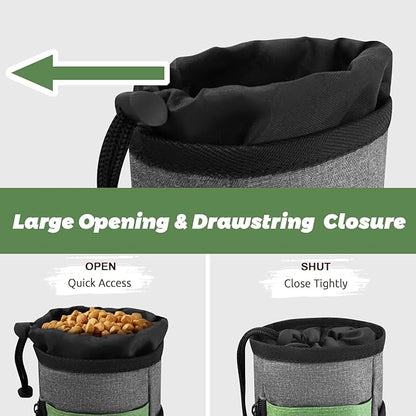Upgraded large-sized Dog Treat Pouch with waist clip - Fashionable Green&amp;Grey Design - Large Capacity Dog Treat Bag for Dog Walks,Outdoor Activities, Travel and Training - Includes 1 Poop Bags