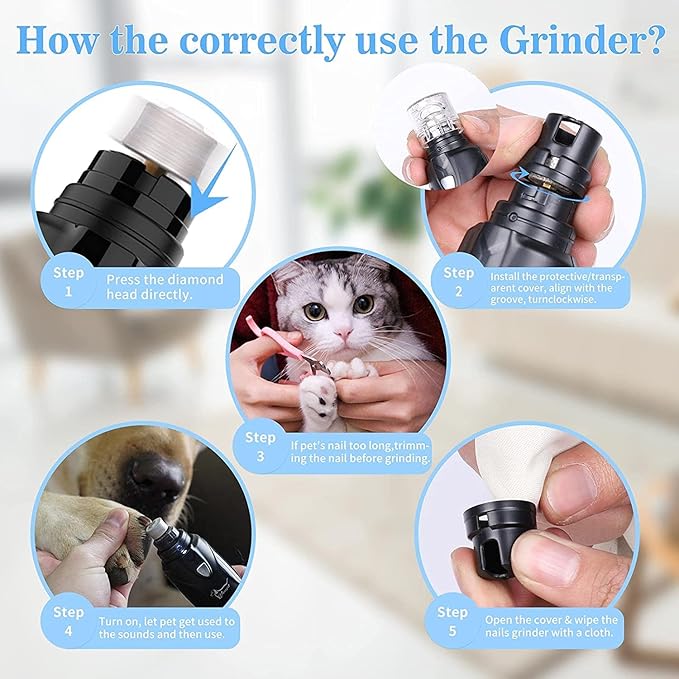 Pet Nail Grinder with LED Light &amp; 2 Grinding Heads, 2-Speed Low Noise &amp; More Powerful Dog Nail Grinder, Pet Nail Trimmer File, Painless Paw Claw Care, Quiet Toenail Grooming Tool for L/M/S Dogs/Cats