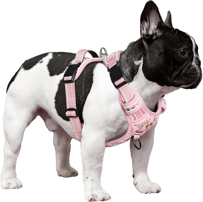 Timos No Pull Dog Harness,NO Need Go Over Dogs Head 3 Snap Buckles Reflective Oxford No Choke Harness with Front &amp; Back 2 Metal Leash Clips Soft Padded for Small Medium Large Dogs Pink S