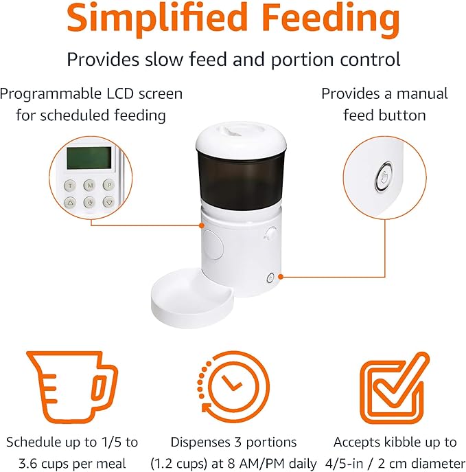 Amazon Basics Automatic Feeder for Cats and Dogs with Speed &amp; Portion Control, 4L Capacity, White