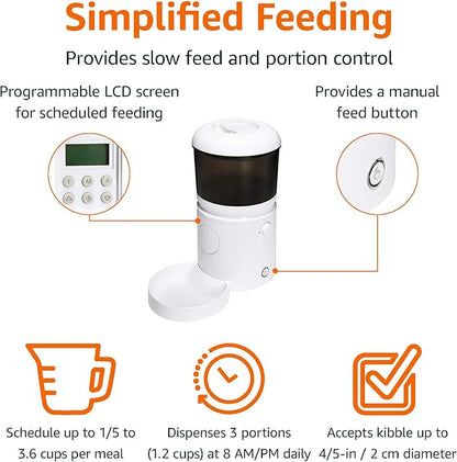 Amazon Basics Automatic Feeder for Cats and Dogs with Speed &amp; Portion Control, 4L Capacity, White