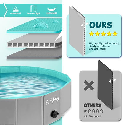 Furrybaby Dog Pool Foldable Dog Pools for Large Dogs with Hard Plate Collapsible Pet Bath Pool Kiddie Grey 63&