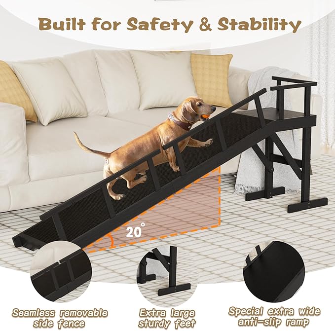 73" Dog Ramp for Bed, Pet Ramp with Removable Side Rail and Non-Slip Surface, Pet Ramp for Small &amp; Large &amp; Senior Dogs with Rest Platform and DIY Glow Strips,Dog Stairs for Couch, Black