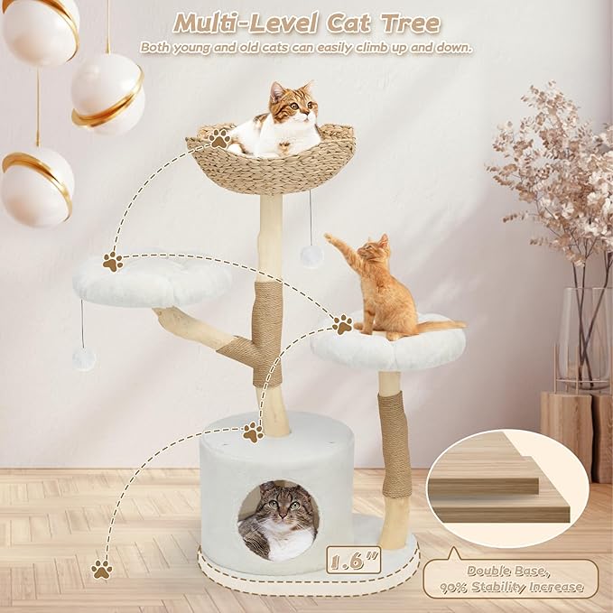 Modern Cat Tree Tower, Solid Wood Multi-Level w/ 2 Flower Perches, Scratching Post, Hanging Ball - Luxury Boho Cat Furniture w/Condo &amp; Wicker Basket for Indoor Cats