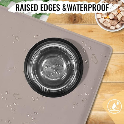 MateeyLife Dog &amp; Cat Food Water Mat for Floors Waterproof, Nonslip Pets Bowl Feeding Mats with Raised Edges, Silicone Matt Tray for Messy Drinkers, 24"x16", Taupe