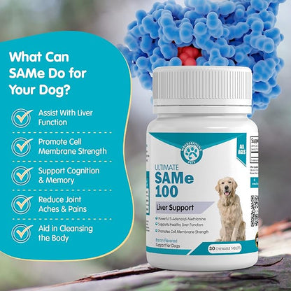 Wanderfound Pets Same 100 Liver Support for Dogs - Same S-Adenosyl-L-Methionine Hepatic Supplement for Liver &amp; Brain Support - Bacon Flavored Sam E, Manufactured in The USA - 30 Chewable Tablets