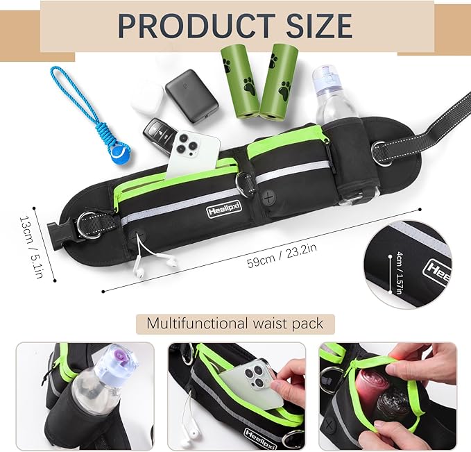 Hands-Free Waist Leash with Pouch for Two Dogs: Reflective Stitching, Dual Handle &amp; Bungee Retractable Design – Ideal for Medium to Large Dogs (Green) – Dog Walking Accessories