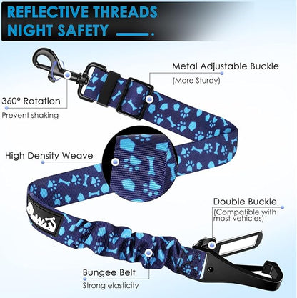 Lukovee Dog Seatbelt Leash for Cars, 2 Pack Pet Safety Car Seat Belt with Adjustable Buckle &amp; Reflective Bungee, Connect Dog Harness in Vehicle Car Dogs Restraint Travel Daily Use (Blue Paw)