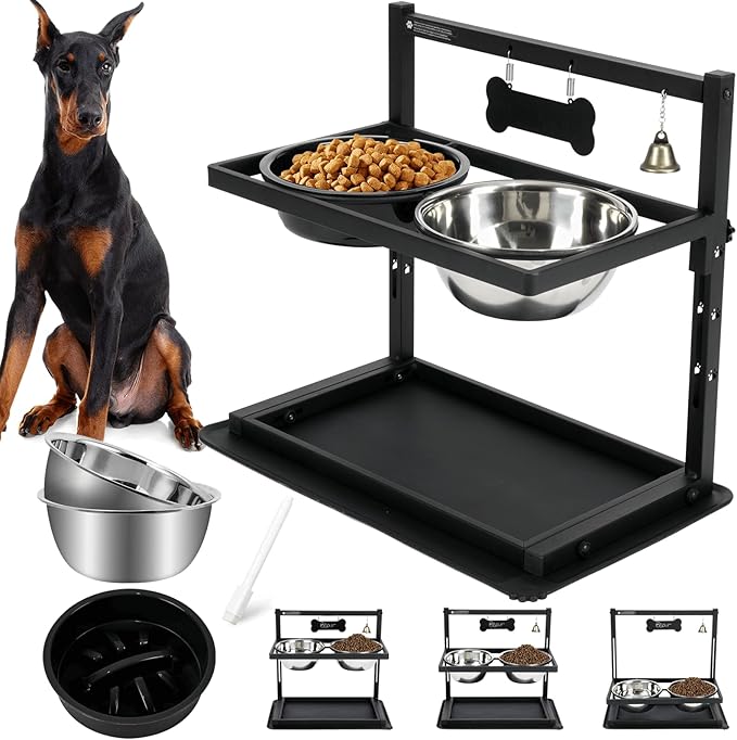Elevated Dog Bowls with Slow Feeder for Large Dogs – Adjustable Raised Stand with 2 Stainless Steel Bowls &amp; Spill-Proof Mat, Non-Slip Dog Feeder for Large &amp; Medium Dogs (Black)