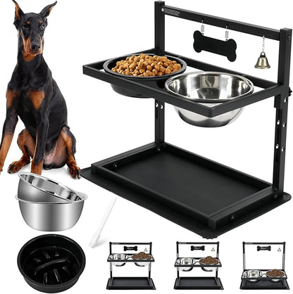 Elevated Dog Bowls with Slow Feeder for Large Dogs – Adjustable Raised Stand with 2 Stainless Steel Bowls &amp; Spill-Proof Mat, Non-Slip Dog Feeder for Large &amp; Medium Dogs (Black)