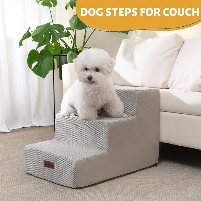 Dog Stairs for Small Dogs &amp; Cats, 3-Step Extra Wide Non-Slip Pet Steps for Couch Sofa and Chair, Light Grey, 15.7" H