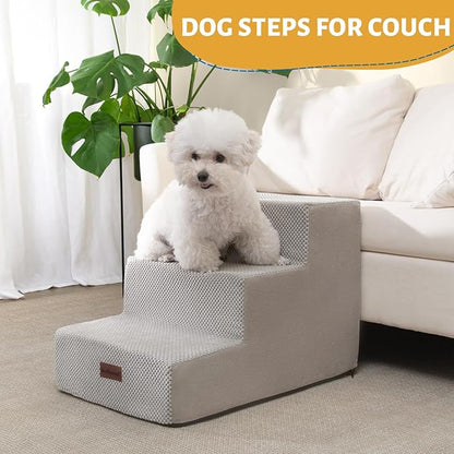 Dog Stairs for Small Dogs &amp; Cats, 3-Step Extra Wide Non-Slip Pet Steps for Couch Sofa and Chair, Light Grey, 15.7" H