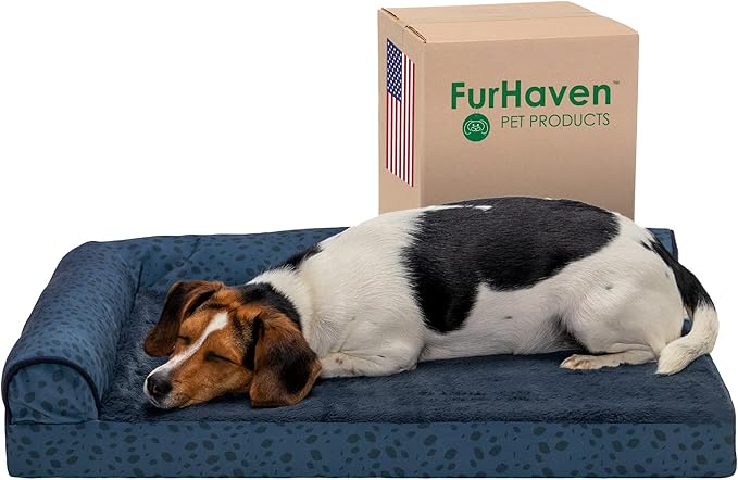 Furhaven Cooling Gel Dog Bed for Medium/Small Dogs w/ Removable Bolsters &amp; Washable Cover, For Dogs Up to 35 lbs - Plush &amp; Almond Print L Shaped Chaise - Blue Almonds, Medium