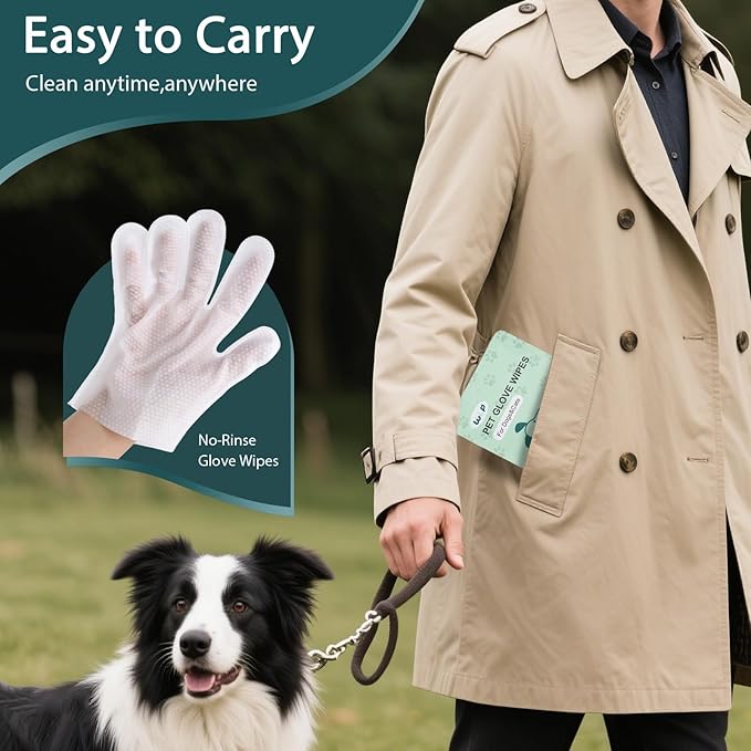 WLP 48 PCS Pet Cleaning and Deodorizing Glove Wipes for Dogs &amp; Cats Hypoallergenic Pet Cleaning and Hydrating Glove Bath Wipes Enriched with Aloe &amp; Jojoba Oil Individually Wrapped
