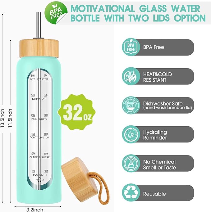 32 oz Glass Water Bottle with Straw - Motivational Time Marker &amp; Silicone Sleeve - Reusable Tumbler Includes 2 Bamboo Lids &amp; Fruit Infuser - 1 Pack