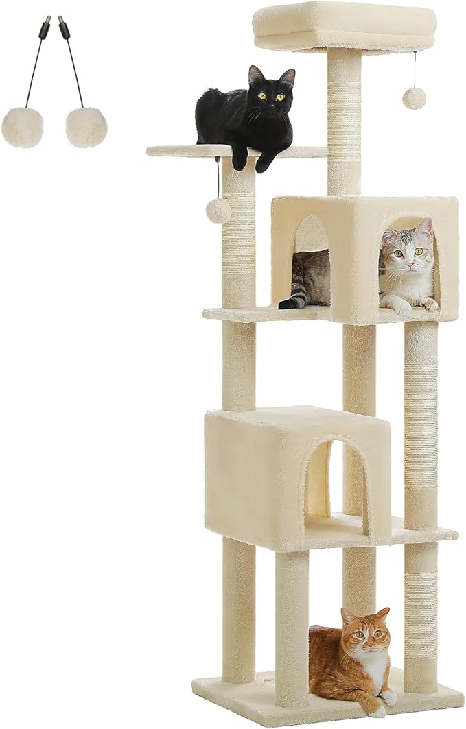 Cat Tree for Indoor Cats, Multi-Level Cat Tower with Sisal Scratching Posts, Padded Platform, Multi-Level Cat Condo w/Soft Bed &amp; Scratching Pad, 2 Pompoms, Sturdy Base, Beige