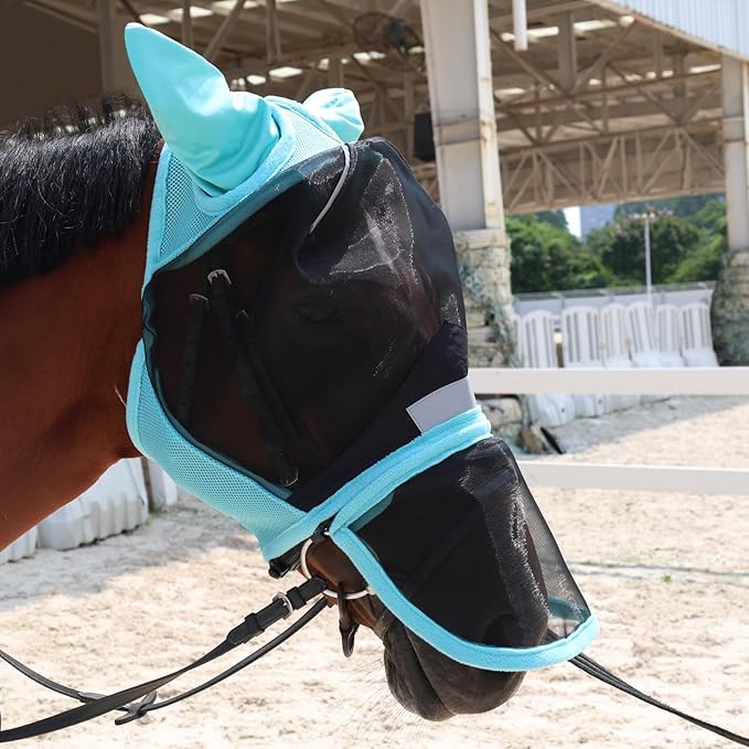 Luminous Horse Fly Mask with Long Nose, Ears, Full Face &amp; Eye Protection - Full Mesh, Detachable Nose Cover, Fleece Padded Edging, Hook-and-Loop Straps with Webbing, Hanging Straps Mint Green
