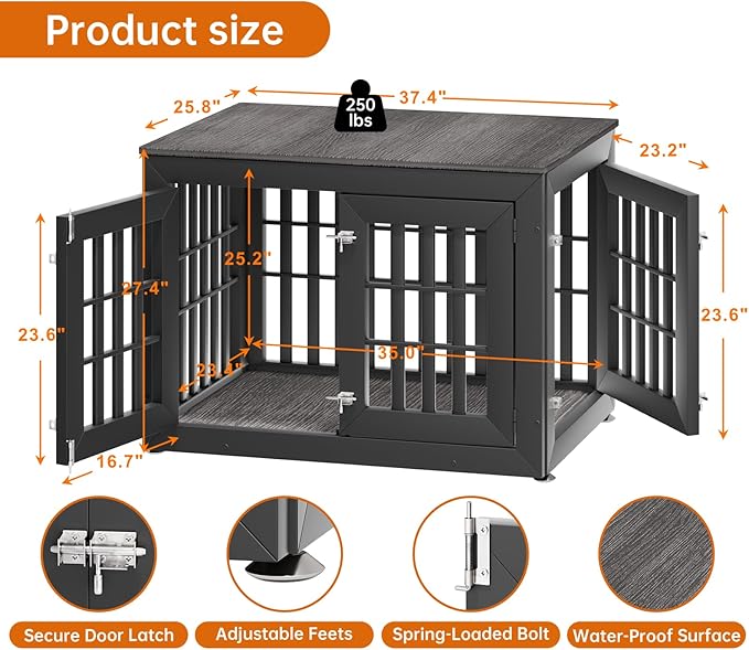 38" Heavy Duty Dog Crate Furniture for Small,Medium and Large Dogs,Rustic Wooden Dog Cage Kennel Indoor Furniture with Waterproof Top,Decorative Pet House Side End Table (Black &amp; Grey)