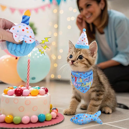BINGPET Cat Birthday Catnip Toys for Indoor Cats,Cat Birthday Hat,Bandana and Cat Birthday Cake Interactive Plush Kitten Chew Toys,Cute Fish,Balloon Toys with Crinkle Paper and Catnip Inside(Sky Blue)