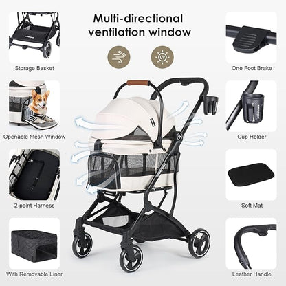 T3 Foldable Pet Stroller for Small Dogs &amp; Cats – 3-in-1 Lightweight Design, 180° Canopy &amp; Detachable Carrier (Beige)