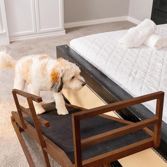 Dog Ramp for Bed, 5 Level Adjustable Dog Ramp for High Beds, Upgrade Rubber Mat High Traction Ramp with Safety Rails, Folding Pet Ramp for Bed, Couch,SUV, Natural Wood Pet Ramp for Small &amp; Old Dogs