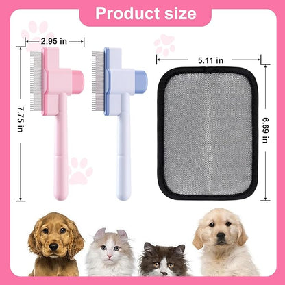 2PCS Flea Comb for Cats and Dogs with Pet Hair Remover Glove, Self Cleaning Pet Flea Cat Grooming Brush with Release Button for Massaging and Cleaning Shedding Pets Hairs