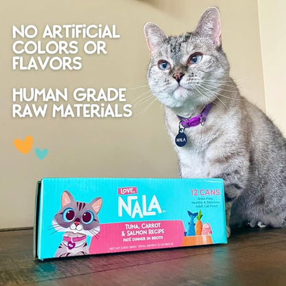 LOVE, NALA - Natural Adult Cat Wet Food - Pate Tuna, Carrot, &amp; Salmon Recipe - Grain Free, Non-GMO, Digestive Fiber Blend, Minerals, Vitamins - 12 Pack 2.4 lbs.