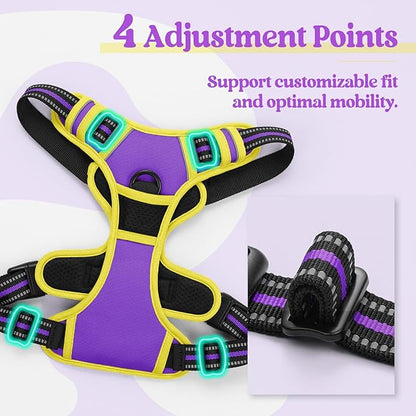 rabbitgoo Dog Harness No Pull with 2 Leash Clips, Adjustable Soft Padded, Reflective Oxford No Choke Pet Vest with Easy Control Handle for Medium Sized Dogs, Purple &amp; Yellow, M