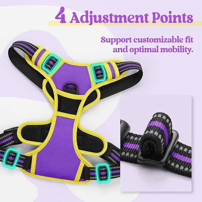 rabbitgoo Dog Harness No Pull with 2 Leash Clips, Adjustable Soft Padded, Reflective Oxford No Choke Pet Vest with Easy Control Handle for Large Dogs, Purple &amp; Yellow, L