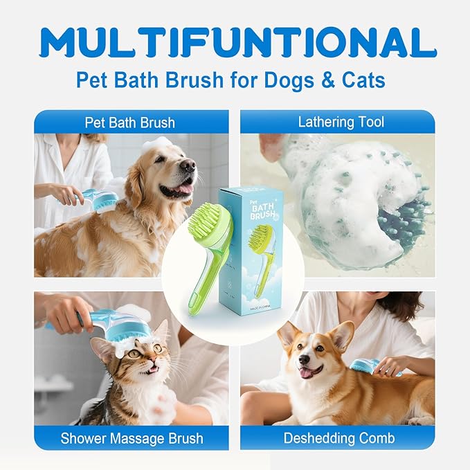 Dog Bath Brush, Silicone Pet Bath Brush with Soap Dispenser,Deep Cleansing &amp; Gentle Massage for Dogs &amp; Cats, Suitable for Long &amp; Short Hair, Easy Grip, Bathing &amp; Grooming(Green)