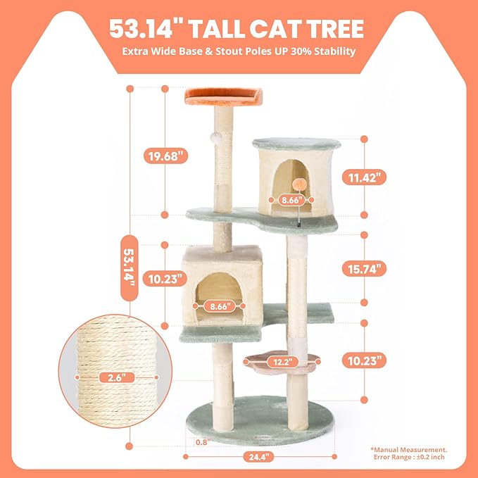 HYABi 53 Inch Flower Cat Tree - Multi-Level Cat Condo with Scratch Posts &amp; Toys, Fresh Design Eco-Friendly Material, for Multi-Cat Households &amp; Indoor Cat Playground