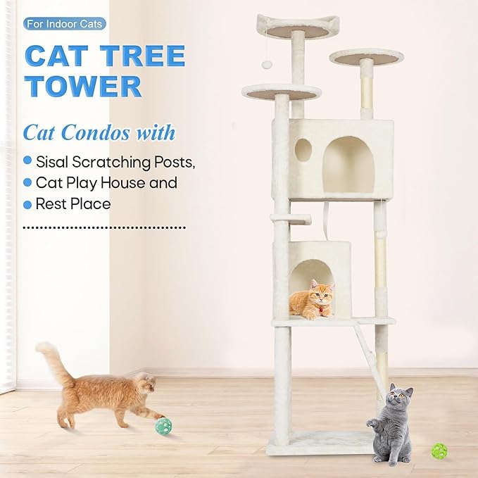 FDW Cat Tree Tower 62in Multi-Level Durable Cat Scratching Post &amp; Cozy Fun Jumping Platform Space Saving Condo Pet Play House for Indoor Cats, Beige
