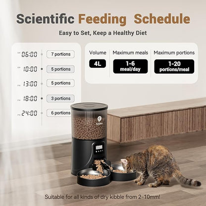 Automatic Cat Feeder for 2 Cats - 16 Cups/4L Timed Auto Pet Feeder with Portion Control (1-6 Meals), Dual Power&amp; Easy to Clean for Indoor Cats &amp; Small Dogs