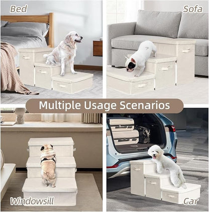 Pet Stairs with Storage, Pet Step for Small Dogs and Cats, 3-Step Folding Pet Steps with Zip, Cat Stairs Dog Steps for Bed, Couch and Car Ramp (Beige, 3 Steps no Condo)