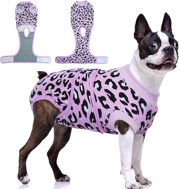 FUAMEY Recovery Suit for Dogs After Surgery,Soft Breathable Dog Bodysuit E-Collar &amp; Cone Alternative Surgical Suit,Male Female Dog Neuter Spay Suits Anti Licking Wounds Onesie Purple Leopard L