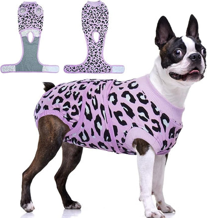 FUAMEY Recovery Suit for Dogs After Surgery,Soft Breathable Dog Bodysuit E-Collar &amp; Cone Alternative Surgical Suit,Male Female Dog Neuter Spay Suits Anti Licking Wounds Onesie Purple Leopard L