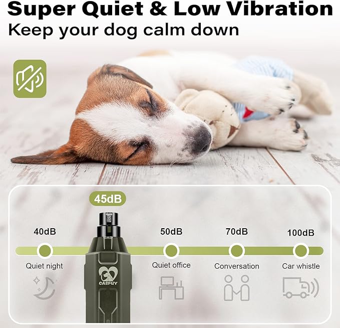 Casfuy 6-Speed Dog Nail Grinder - Newest Enhanced Pet Nail Grinder Super Quiet Rechargeable Electric Dog Nail Trimmer Painless Paws Grooming &amp; Smoothing Tool for Large Medium Small Dogs (Army Green)