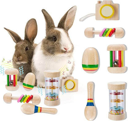6 Pcs Wooden Bunny Toys - Safe Rabbit &amp; Guinea Pigs Teeth Grinding Toys for Chinchillas, Hamsters &amp; Small Animals - Indoor &amp; Outdoor