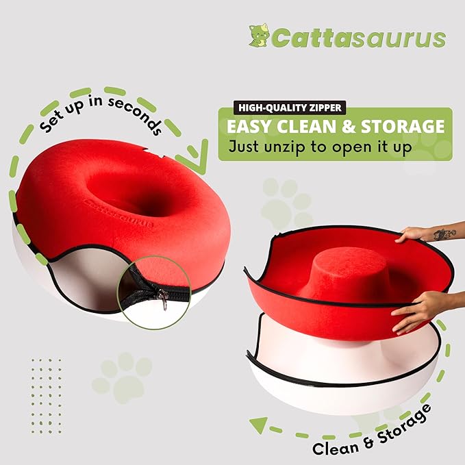Cattasaurus Peekaboo Cat Cave, Extra Spacious for Multiple &amp; Large Cats 12+ lbs, Scratch Detachable Cat Beds for Indoor Cats, Washable Tunnel Bed, Comfy Cat Donut Tunnel (Ruby Snowball, Jumbo)
