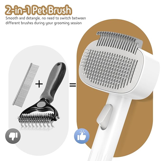 Self Cleaning Slicker Brush, 2-in-1 Cat Brush for Shedding, Skin Friendly Grooming Tool for Long &amp; Medium-Long Hair Pets, Adjustable Bristle Length with Dematting Comb for Cats, Dogs