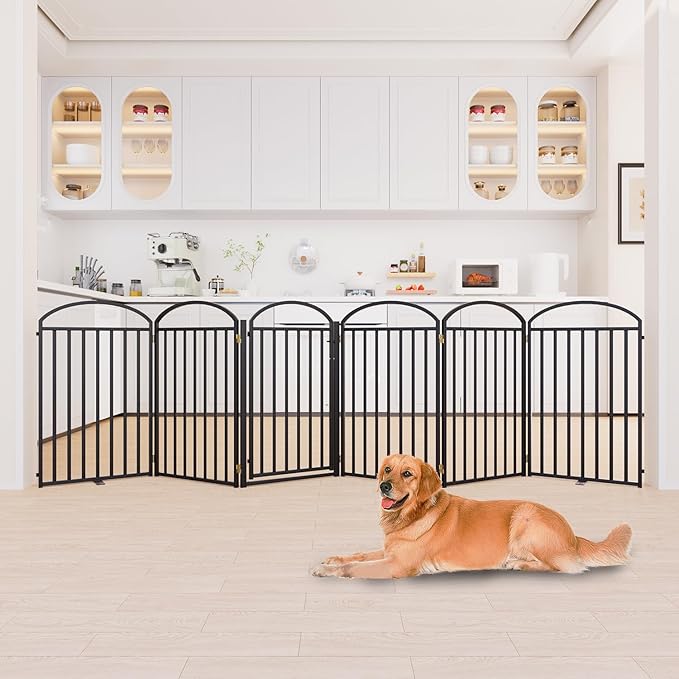 6 Panles Full Matel Freestanding Dog Gates with Door, 144"Extra Wide 36"Tall Free Standing Dog Pet Gate for Indoor &amp; Outdoor. Foldable Pet Fences for Doorways, House, Stairs, Porch, Deck, Yard