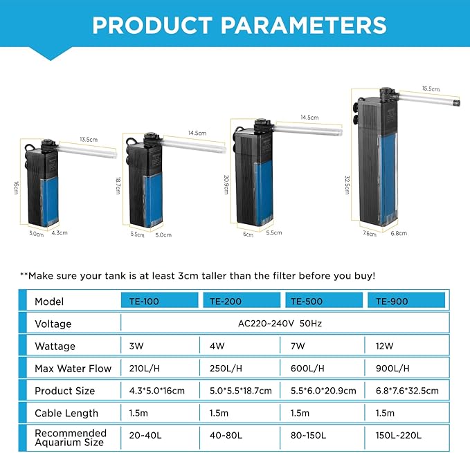 Internal Fish Tank Filter, 12W Adjustable Water Flow Submersible Aquarium Filter Pump for 40~60 Gallon Freshwater or 25~45 Gallon Saltwater, 2 Mode Aeration &amp; Rainfall, TE-900(250GPH)