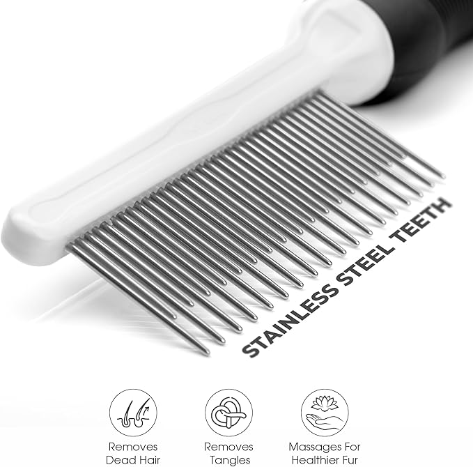 POODLIE Poodle Pet Dog Combs for Grooming Matting - Metal Comb for Dogs with Long &amp; Short Stainless Steel Teeth - Dematting Comb for Cats to Remove Matted Hair &amp; Knots, Black
