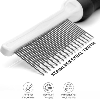 POODLIE Poodle Pet Dog Combs for Grooming Matting - Metal Comb for Dogs with Long &amp; Short Stainless Steel Teeth - Dematting Comb for Cats to Remove Matted Hair &amp; Knots, Black