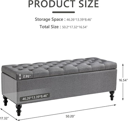 Ottoman with Storage,50.2-inch Upholstered End of Bed Storage Bench for Bedroom,for The Living Room,for Entryway, with Button and Safety Hinges,Detachable (Grey)