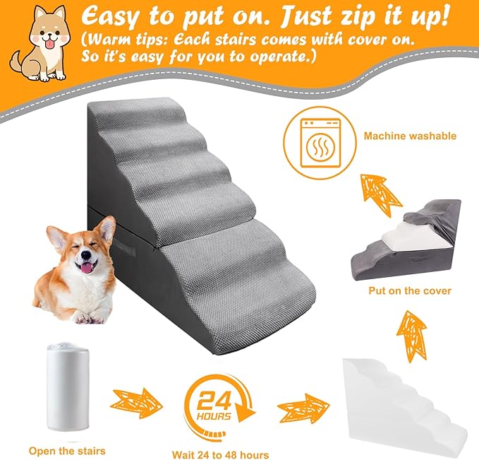 Dog Stairs&amp;Steps for 30 Inches Tall High Bed Up to 30-36 Inch, Pet Dog Ramp Ladder for Small Dogs, Doggie, Old Cats, Kitty, Small Animals Grey
