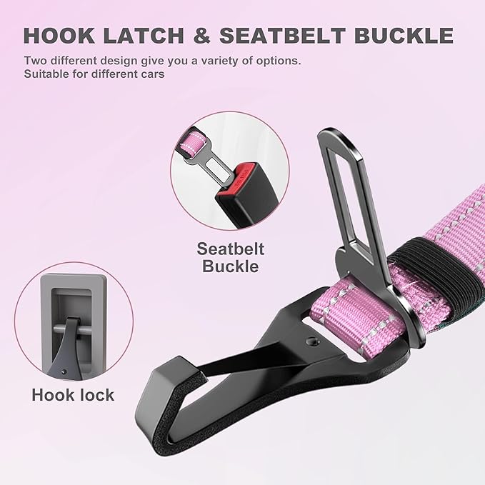 IOKHEIRA Dog Seat Belt 3-in-1 Car Harness for Dogs Adjustable Safety Seatbelt for Car Nylon Reflective Bungee Fabric Dog Car Harness with Clip Hook Latch &amp; Buckle, Swivel Zinc Alloy Carabiner (Pink)