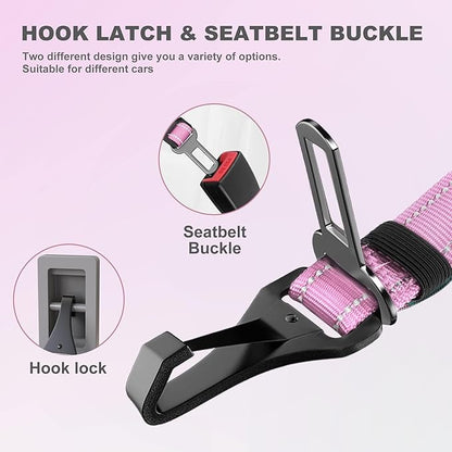 IOKHEIRA Dog Seat Belt 3-in-1 Car Harness for Dogs Adjustable Safety Seatbelt for Car Nylon Reflective Bungee Fabric Dog Car Harness with Clip Hook Latch &amp; Buckle, Swivel Zinc Alloy Carabiner (Pink)